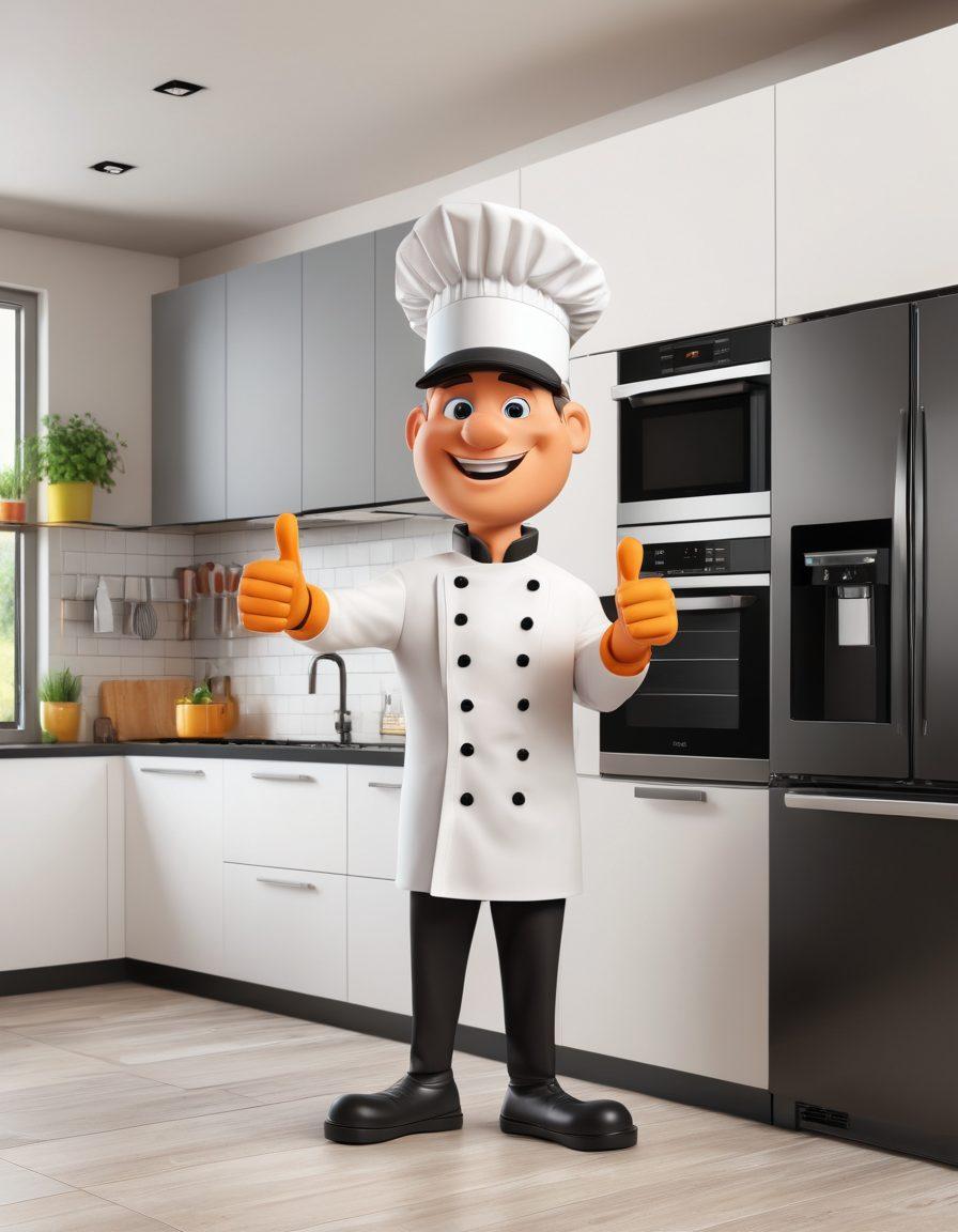 A modern kitchen setting with various high-end appliances like an oven, refrigerator, microwave, and dishwasher. Each appliance has highlighted features with small labels or arrows pointing out key maintenance tips. A cheerful character with a chef hat giving thumbs up, indicating a helpful guide. Bright and clean ambiance with vibrant colors. 3D illustration style.
