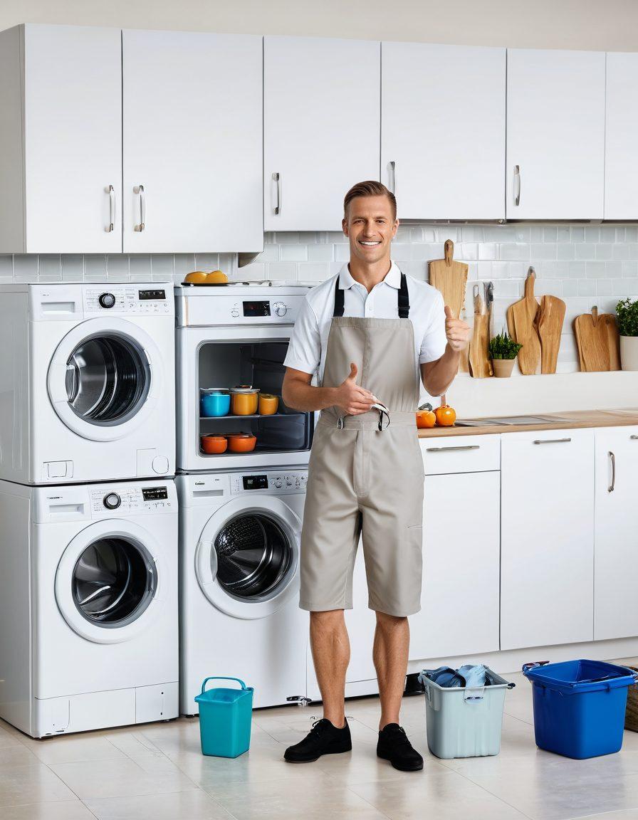 A bustling kitchen with a gleaming refrigerator, microwave, and washing machine, all sparkling clean and in perfect working order. A cheerful technician in a smart uniform, holding a toolbox, gives a thumbs up. Modern home interior with happy family members in the background. super-realistic. vibrant colors. white background.